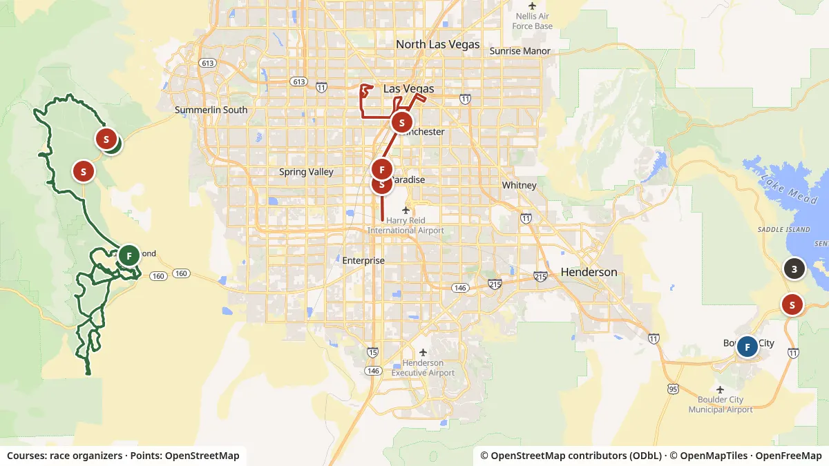 Map of the Las Vegas area showing start and finish points for 8 upcoming races, from Red Rock Canyon in the west to Boulder Beach on Lake Mead in the east, with the course lines the organizers publish for Red Rock Canyon 100K & 50K and Las Vegas Marathon.